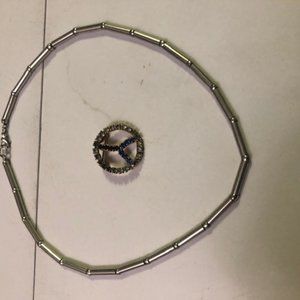 2 items. Silver colored necklace and "Peace" pin